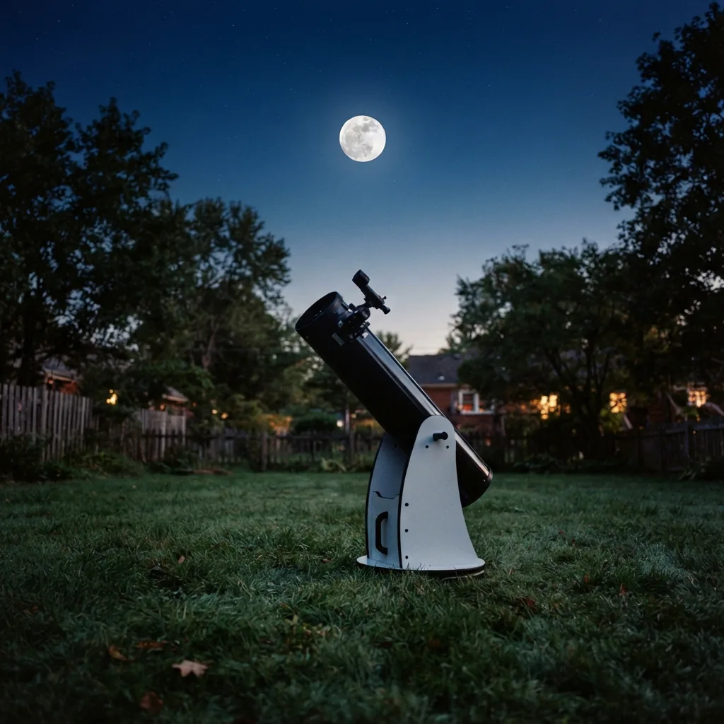 The Orion XT8 telescope pointed at the Moon in the night sky.