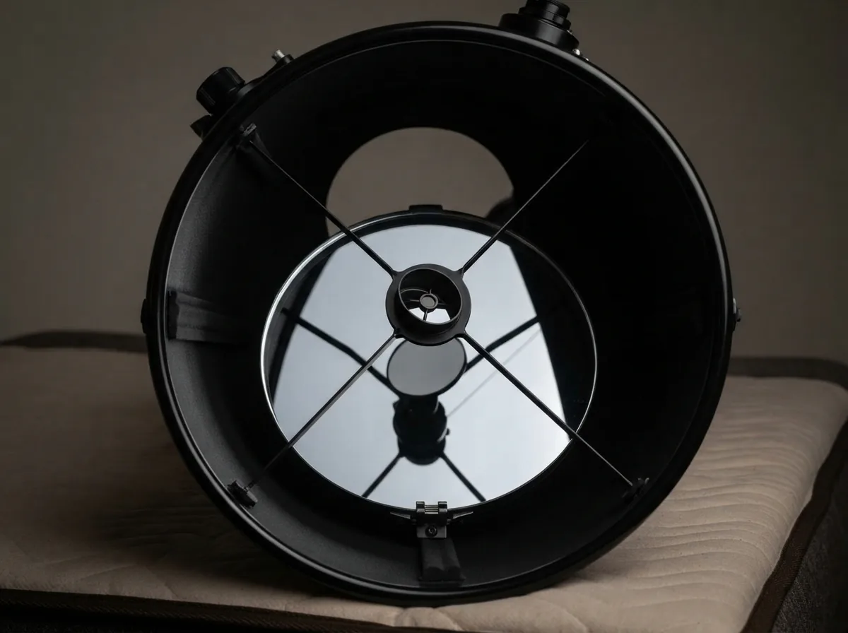The 10-inch primary mirror of the XT10 telescope visible inside the optical tube assembly.