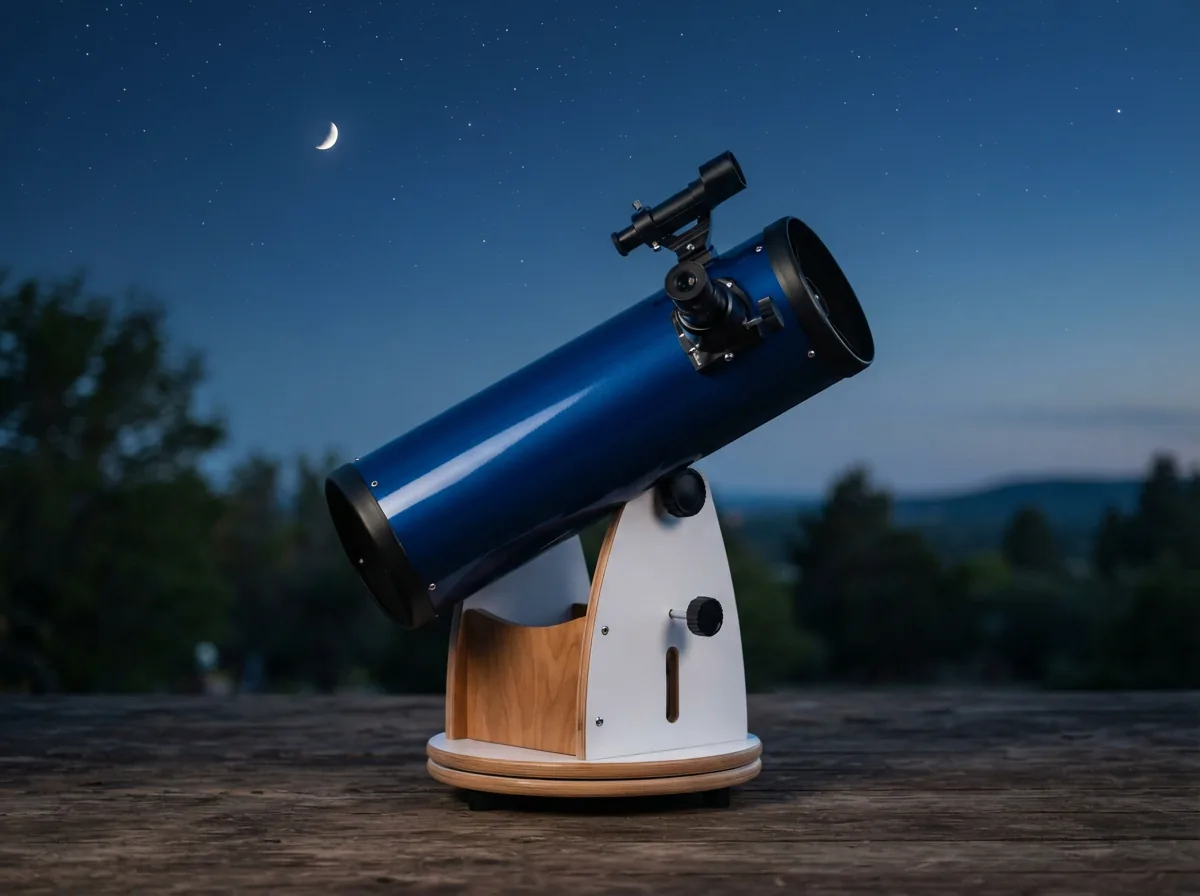 The Orion StarBlast 4.5" Reflector Telescope on its mount, pointed towards a twilight sky.
