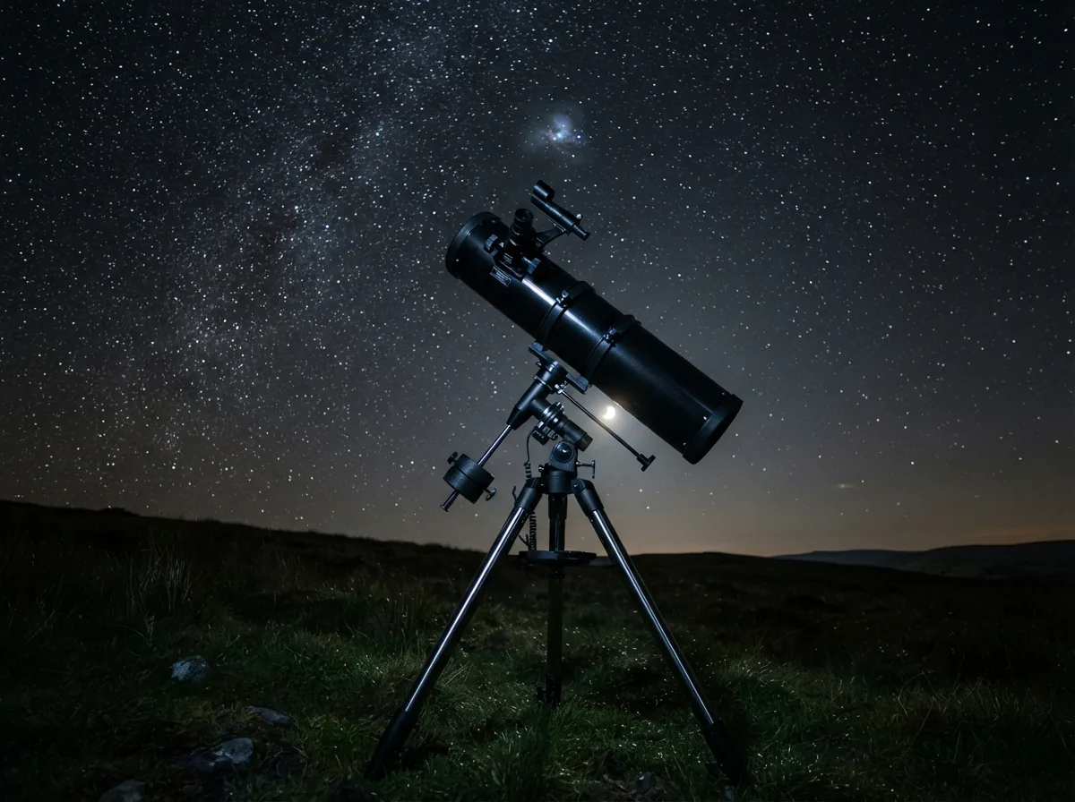 Orion SpaceProbe 130ST telescope aimed at a starry night sky, showcasing its parabolic mirror's ability to capture deep-sky objects.