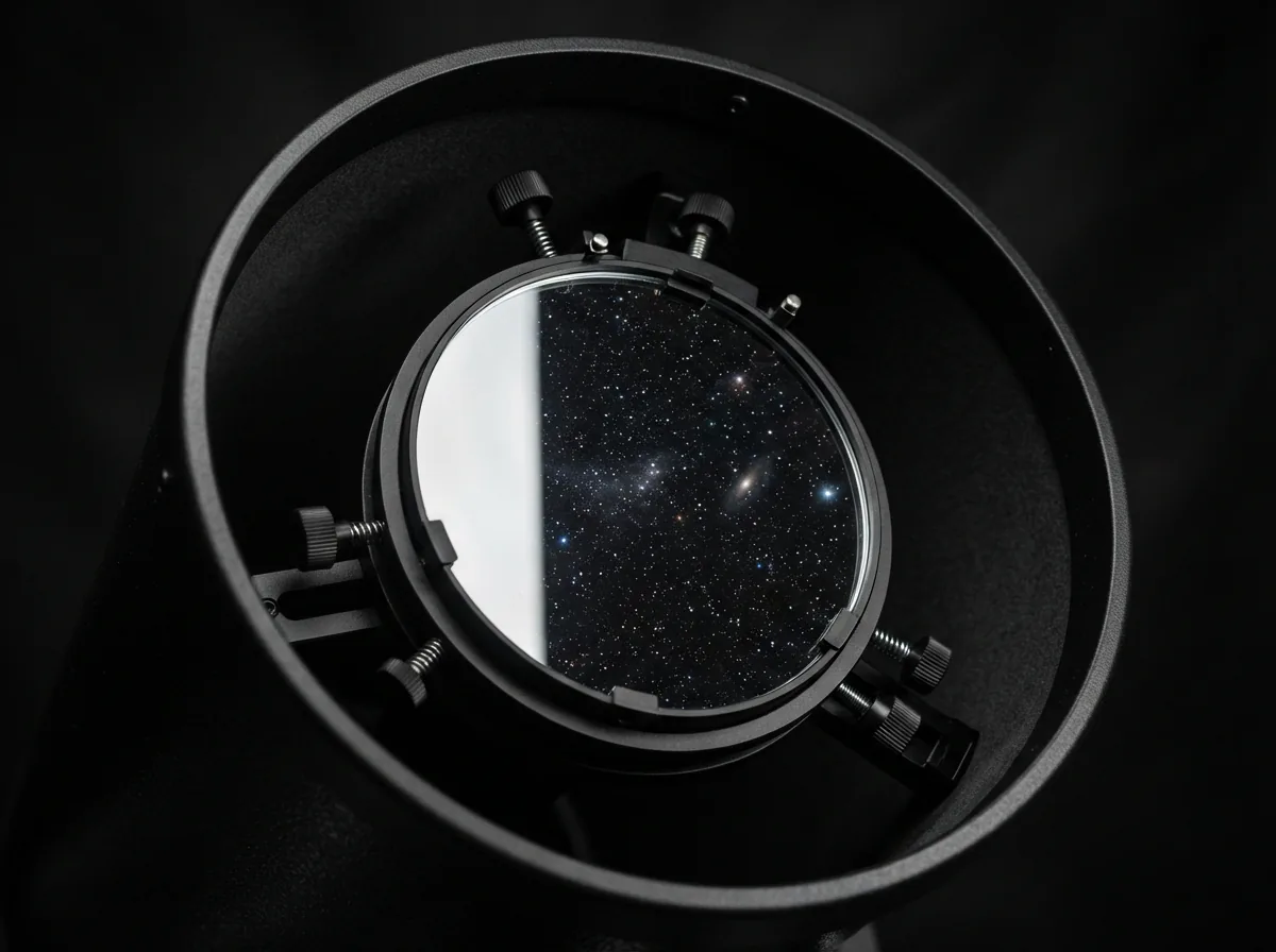 Close-up of the Orion SkyQuest XT8i's 8-inch primary mirror reflecting starlight.