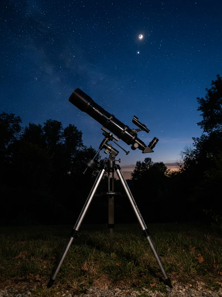 A classic, high-quality Orion refractor telescope pointed upward at a twilight sky with a few visible stars, set in a serene backyard environment.