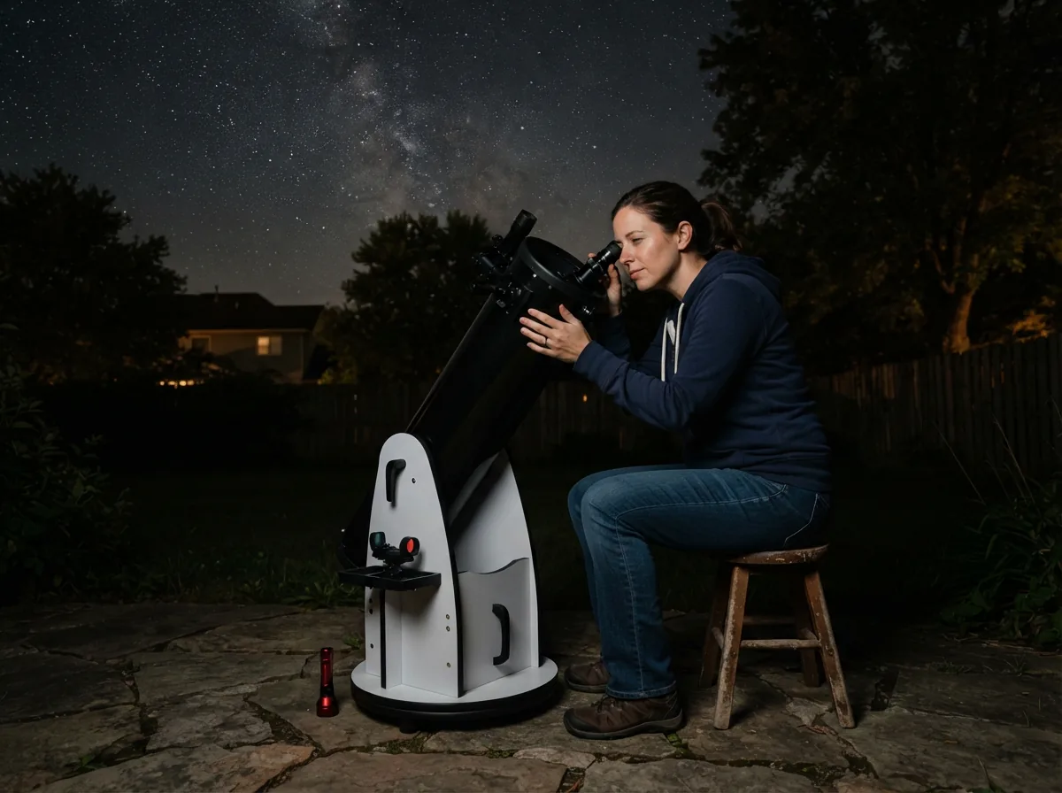 A person comfortably looking through the eyepiece of the Orion XT8 telescope in a dark backyard.