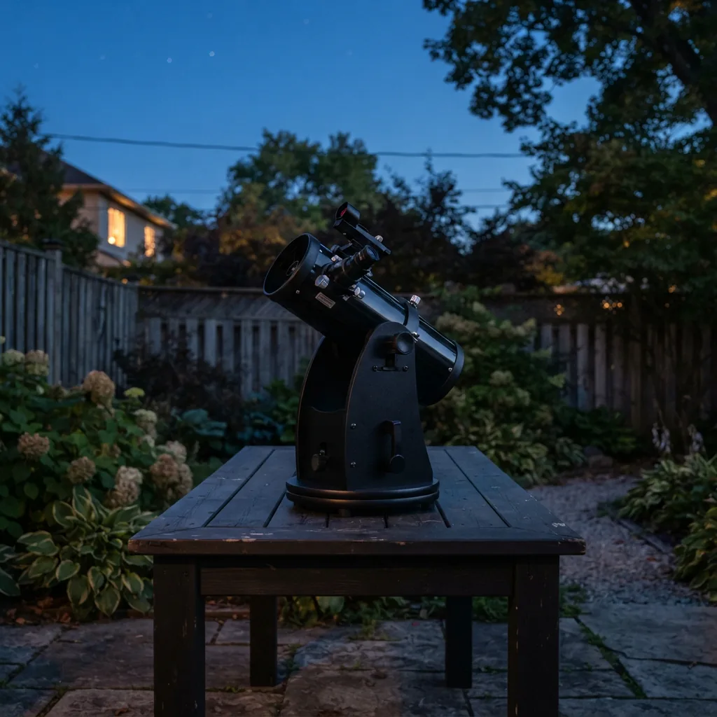 The Orion StarBlast telescope placed on a solid outdoor table in a backyard setting.