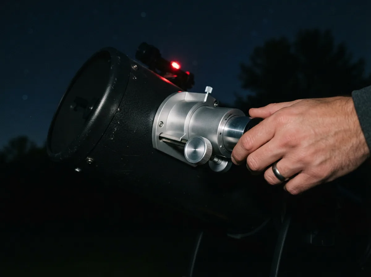 Hand adjusting the smooth 2-inch Crayford focuser on the Orion XT8 telescope tube.