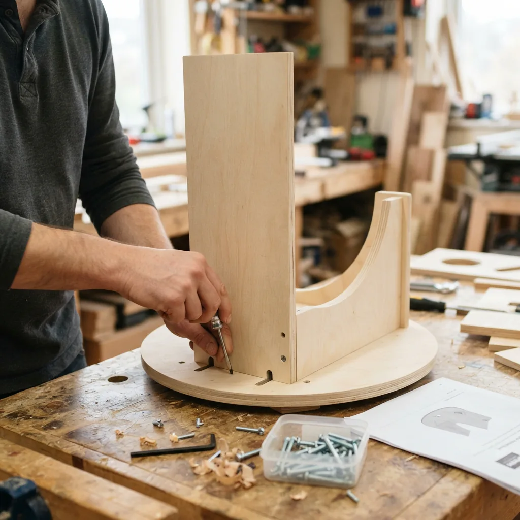 Assembling the wooden Dobsonian base for the Orion XT8 telescope.