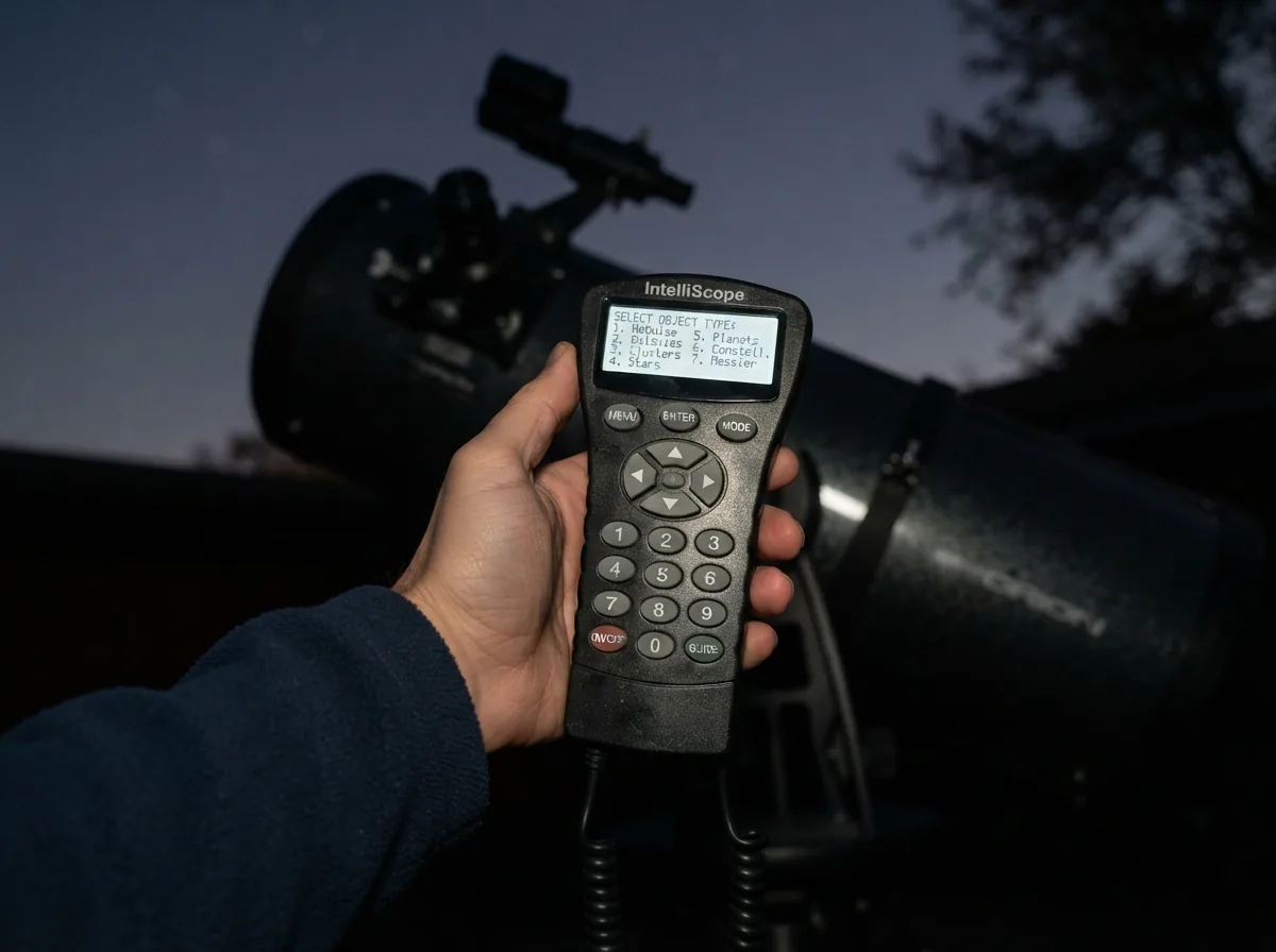 Close-up of the IntelliScope computerized hand control showing celestial object categories.