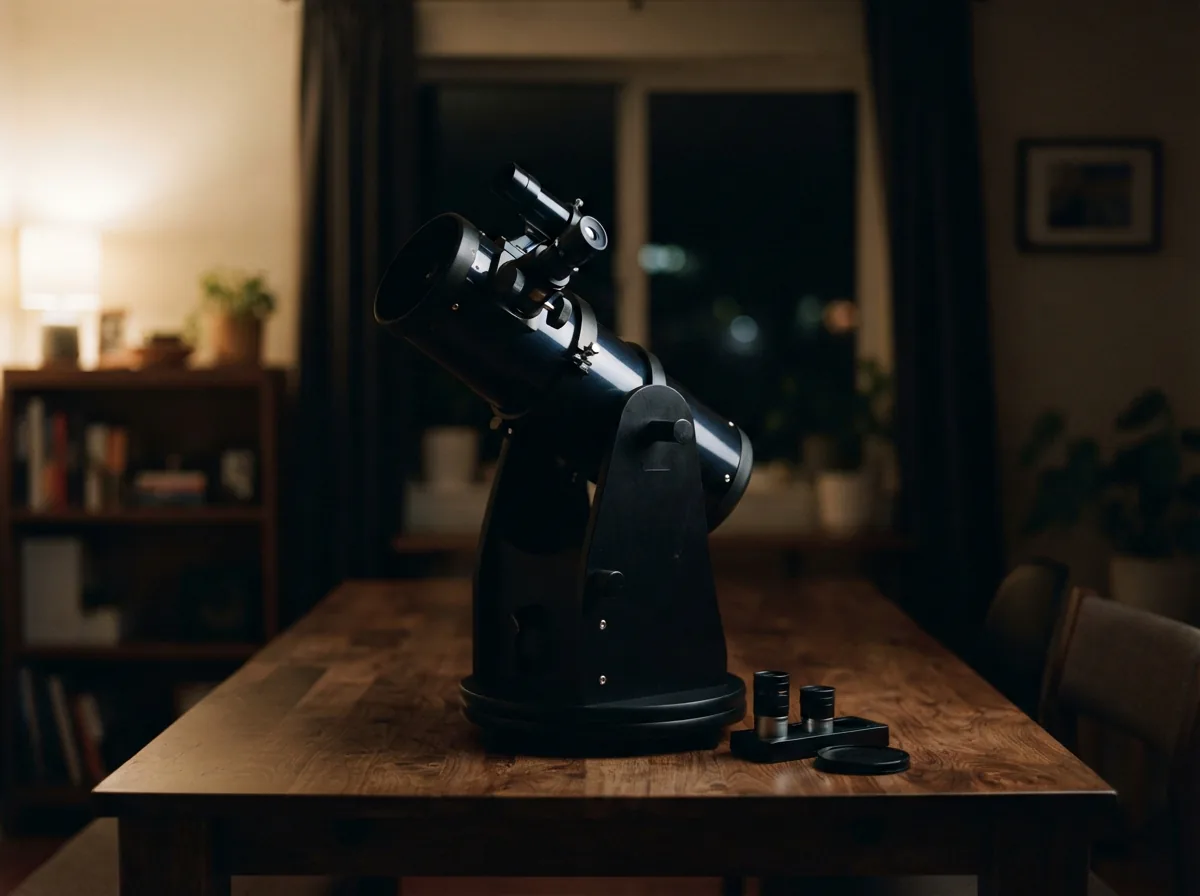 The telescope assembled on a stable surface in a dimly lit room, ready for a first look.