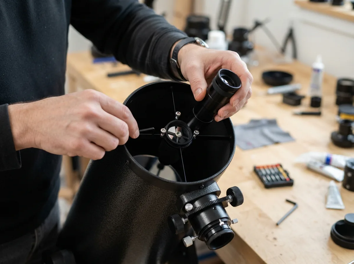 A person carefully performing collimation on the Orion XT6 telescope using the included tool, adjusting the secondary mirror.