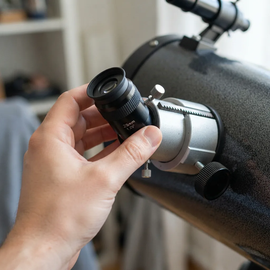 A hand inserting the 25mm eyepiece into the telescope's focuser.
