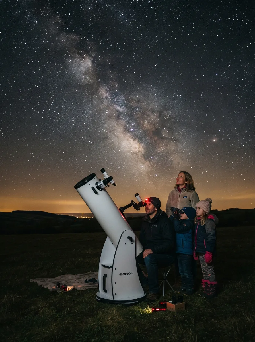 A family observing a brilliant night sky through a large Orion Dobsonian telescope in a dark field.