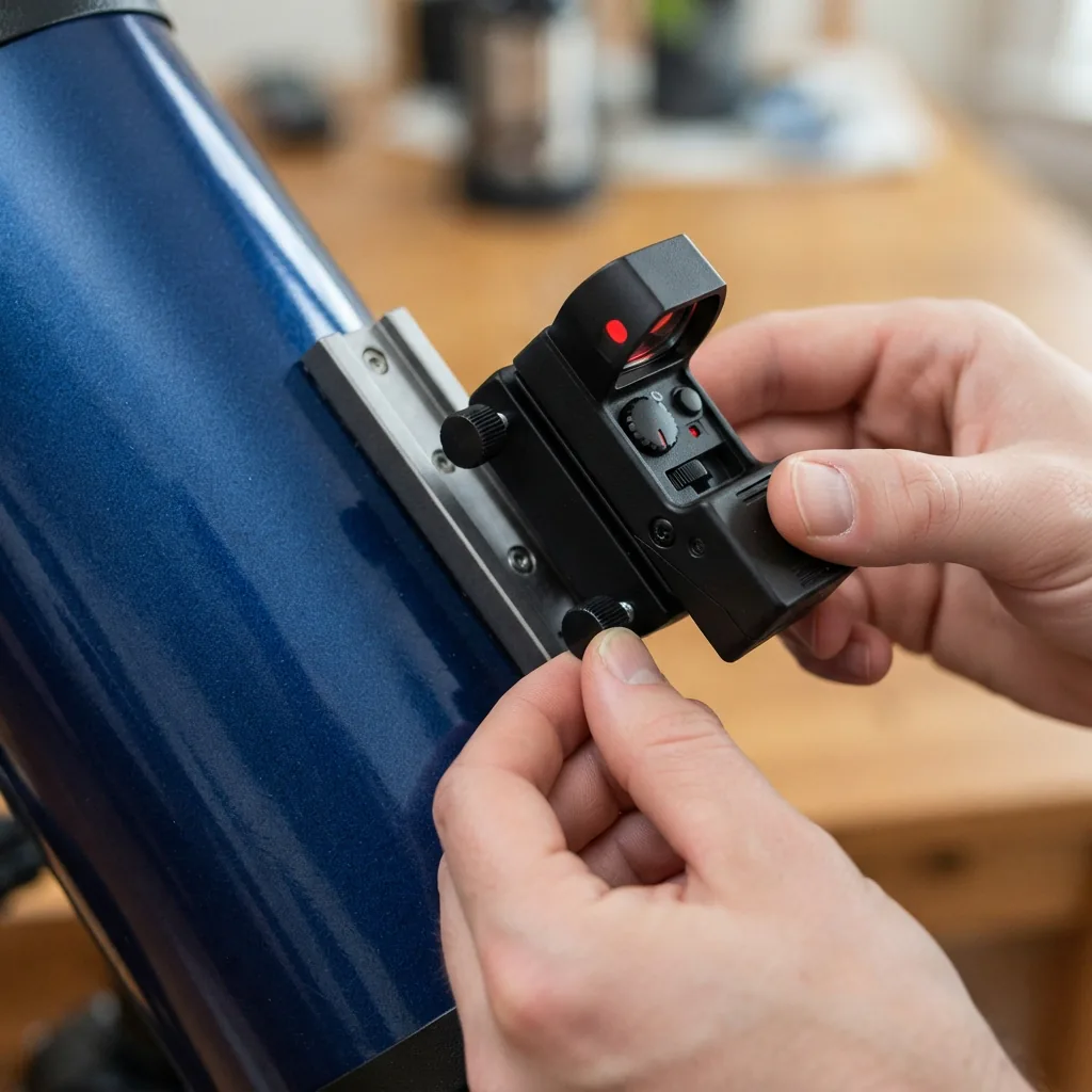 Hands attaching the EZ Finder II finder scope to the Orion StarBlast telescope tube.