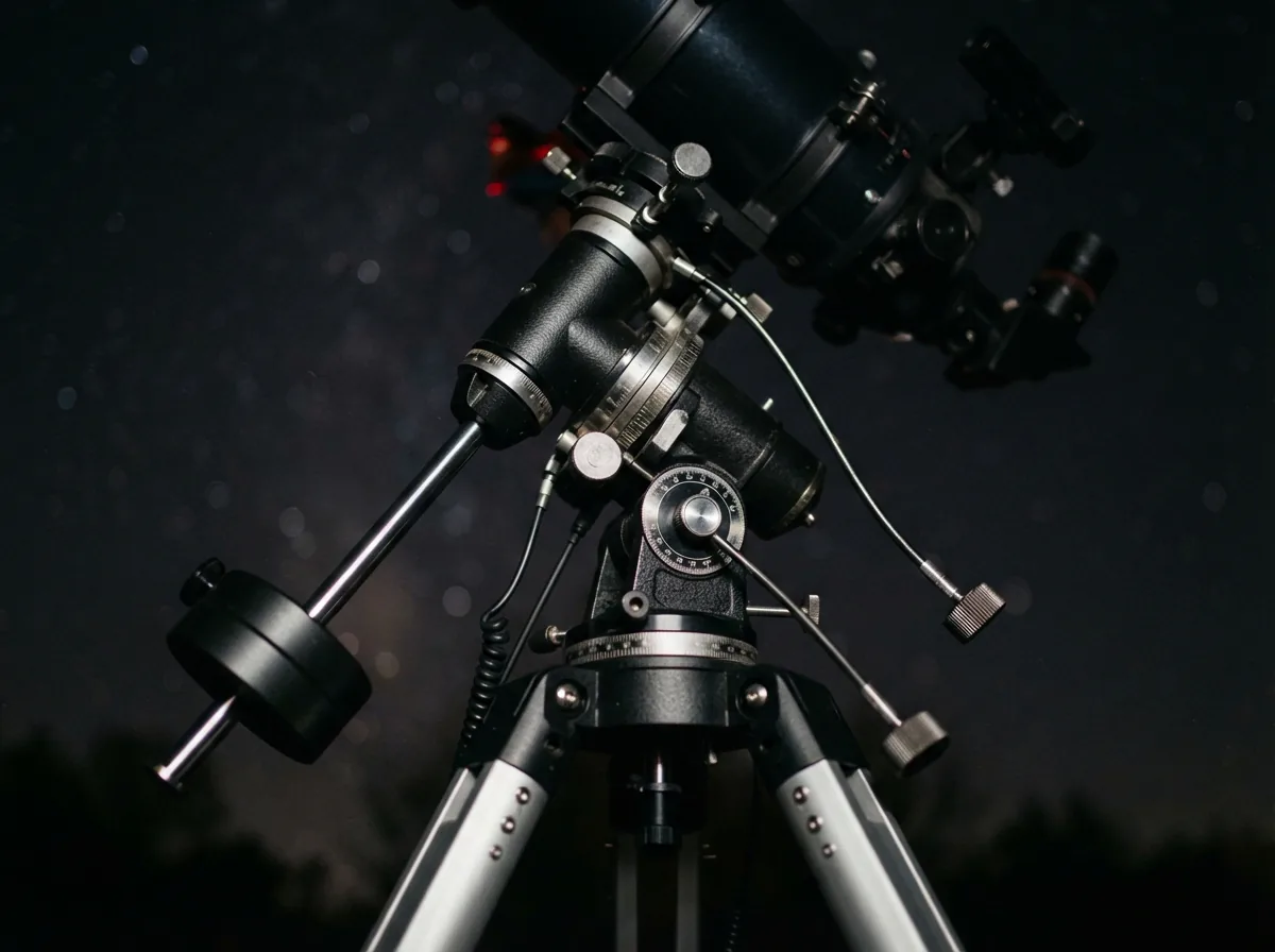 Close-up of the Orion SpaceProbe 130ST equatorial mount, highlighting its smooth motion controls for tracking celestial objects.