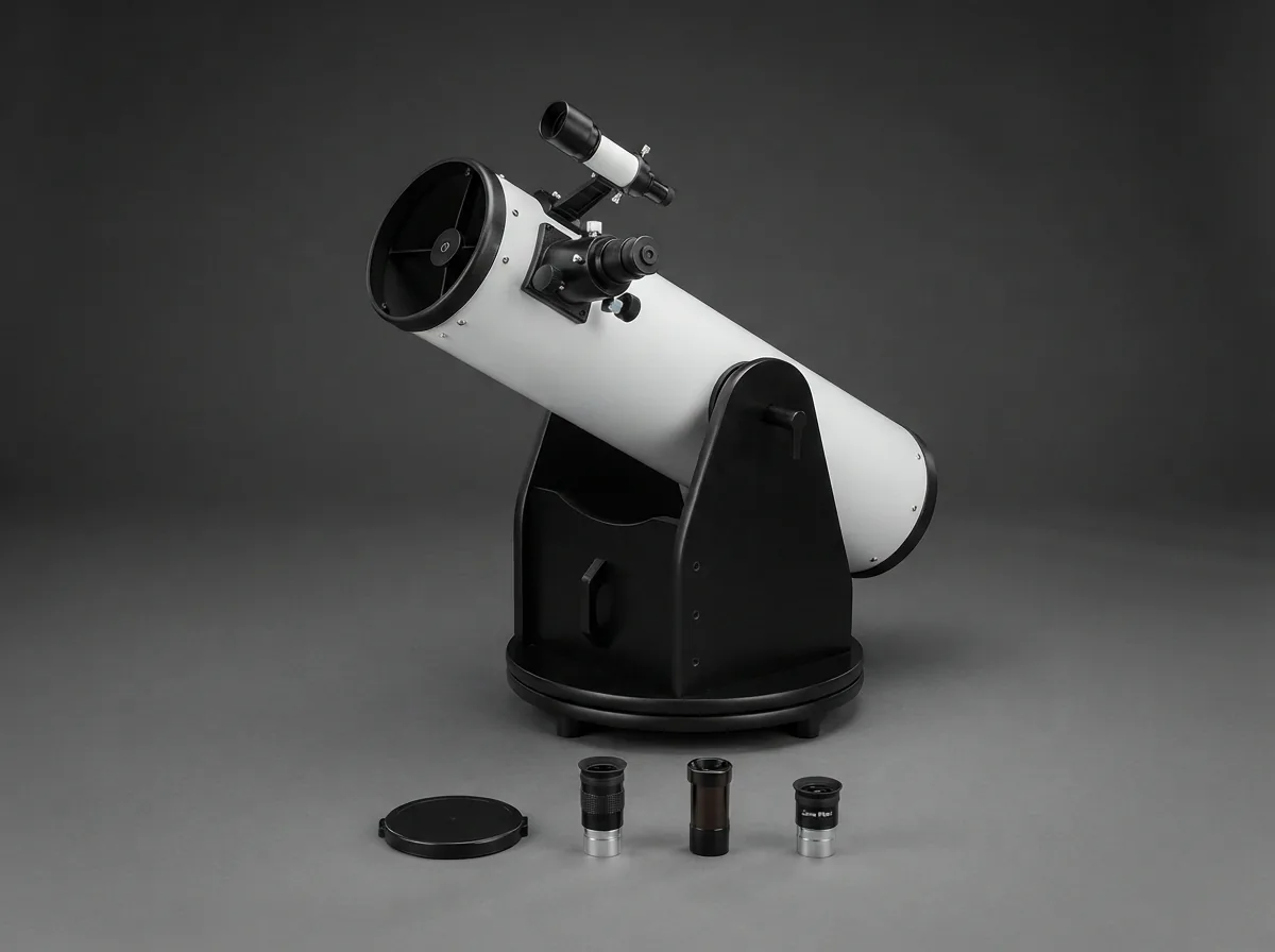 The complete Orion XT6 Dobsonian telescope and its included accessories neatly arranged.