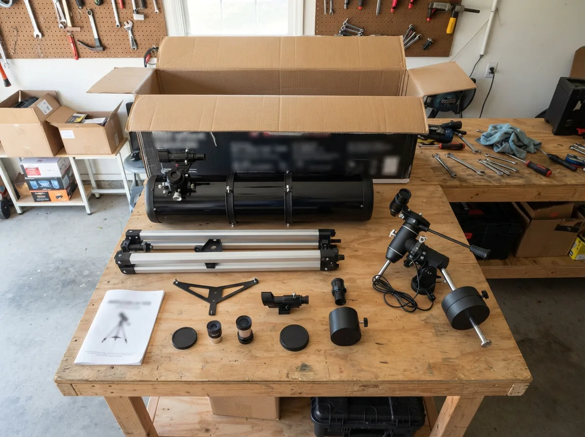 The Orion SpaceProbe 130ST telescope box with its contents laid out for assembly.