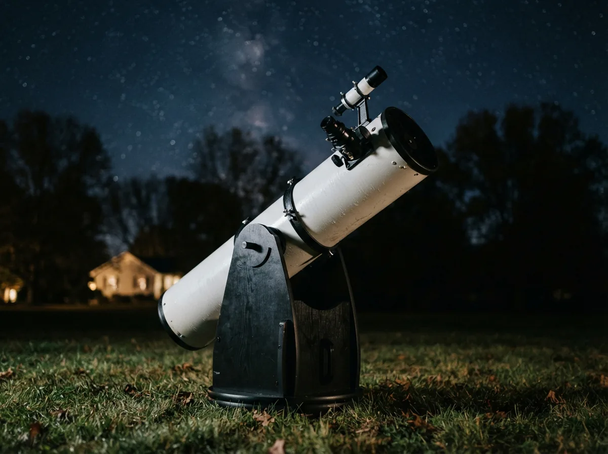 The Orion XT6 Dobsonian telescope aimed at the night sky, demonstrating its simple point-and-view capability.