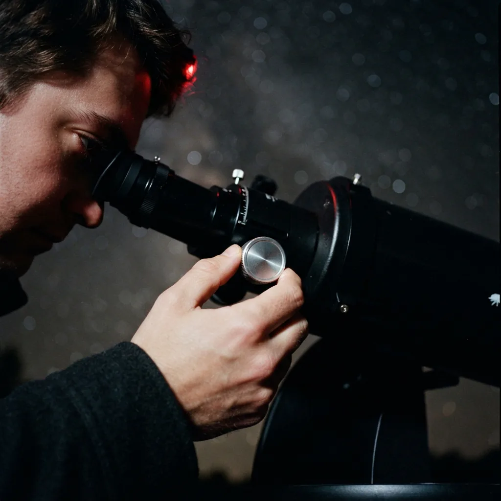 Looking through the eyepiece of the Orion XT8 telescope at a celestial object.