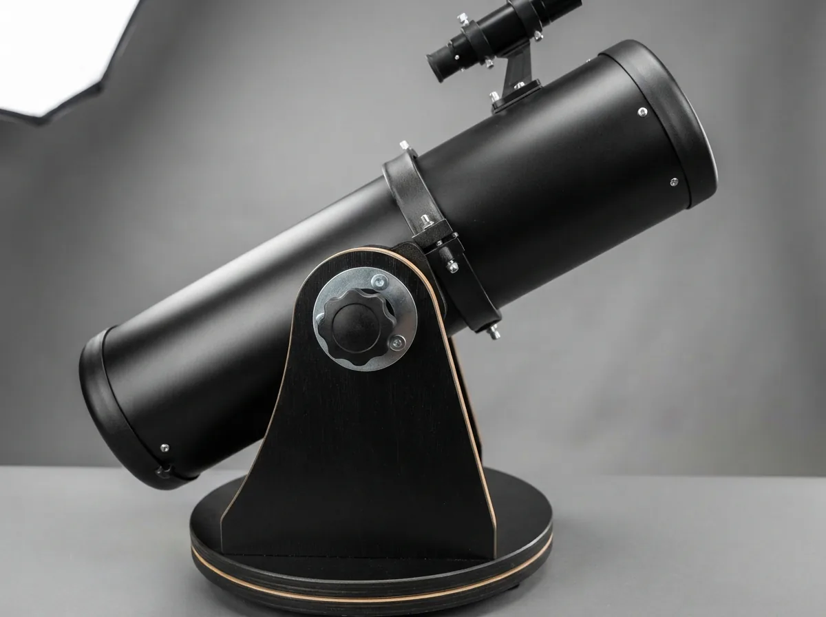 Close-up of the Orion StarBlast telescope's optical tube and Dobsonian base.