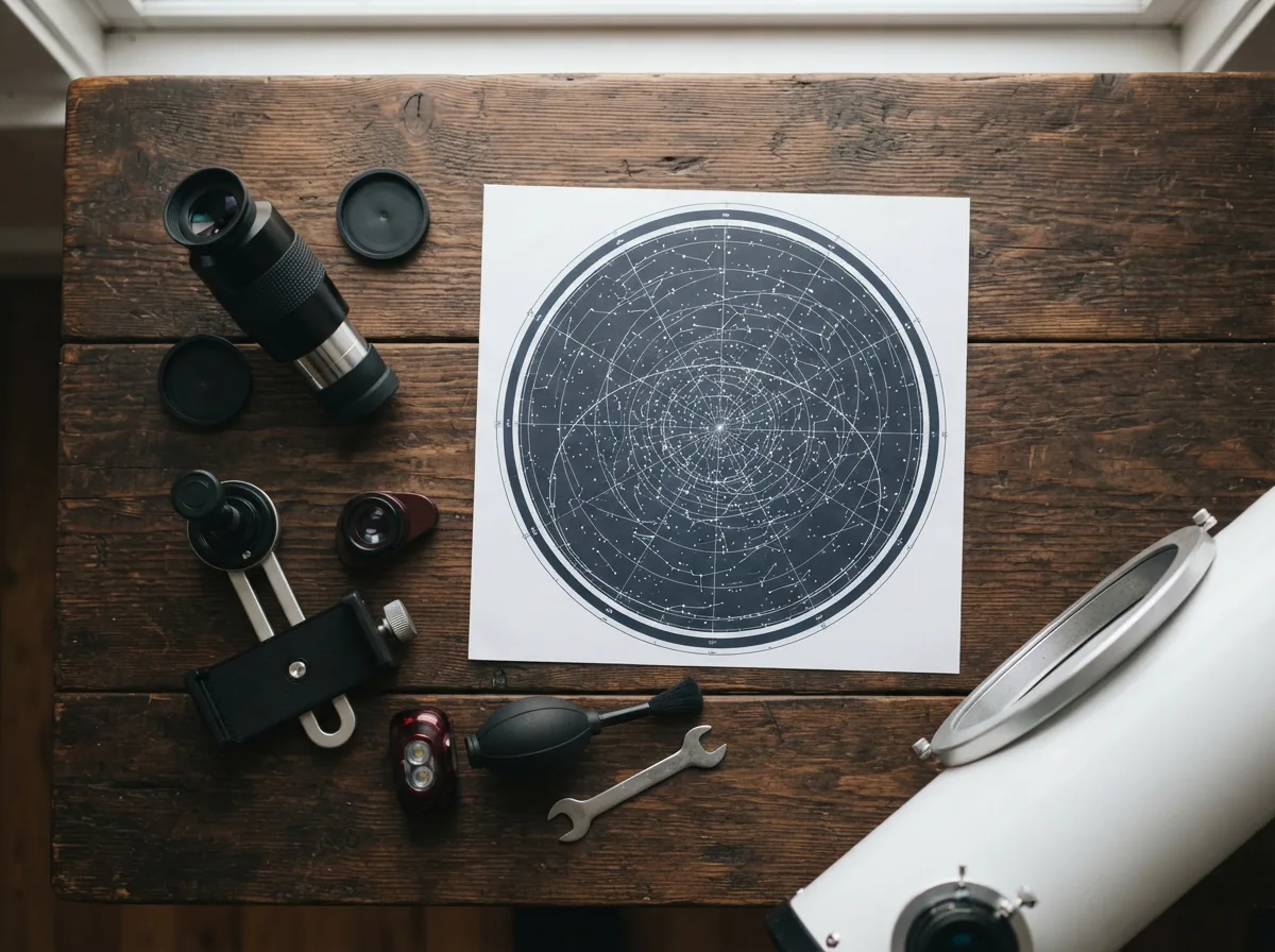 Astronomical accessories laid out on a table next to a telescope