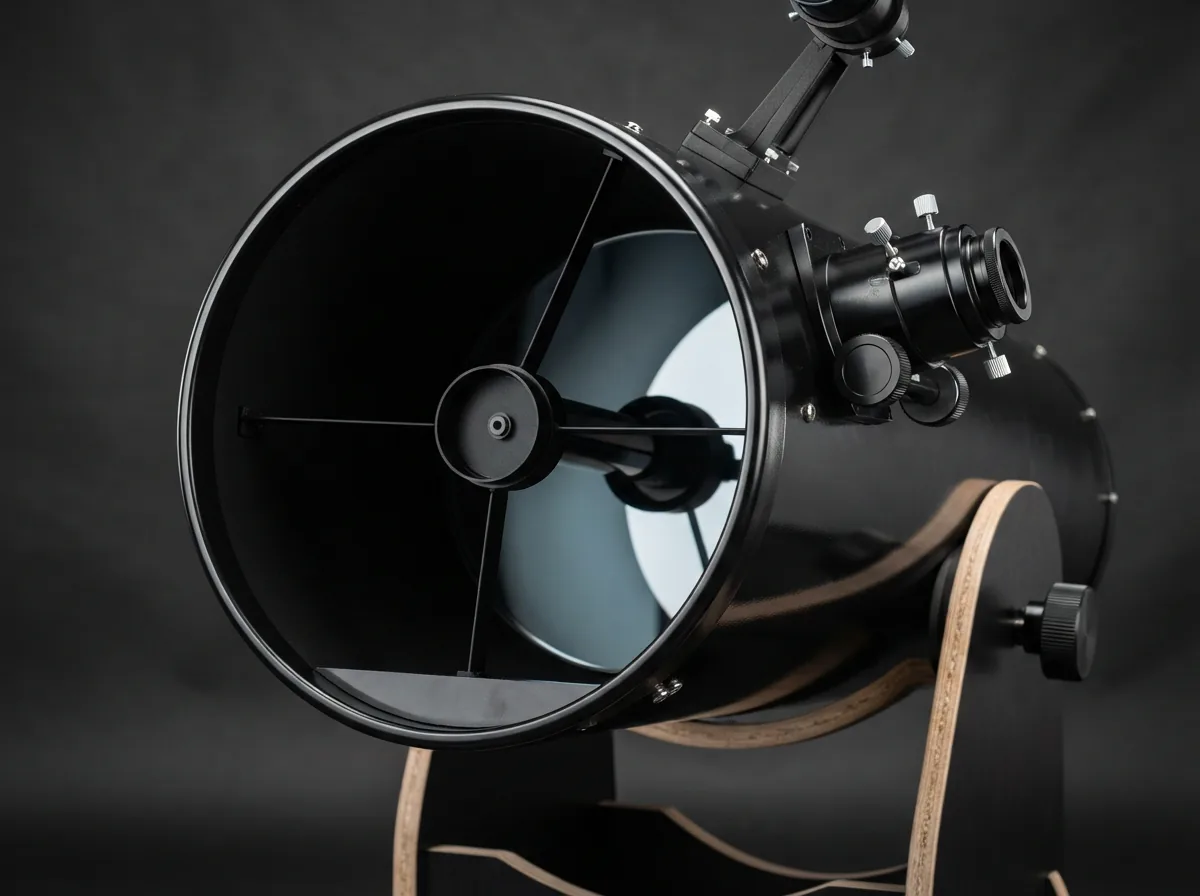 The Orion SkyQuest XT10 telescope tube showing its large 10-inch aperture opening with reflective mirror coating visible inside.