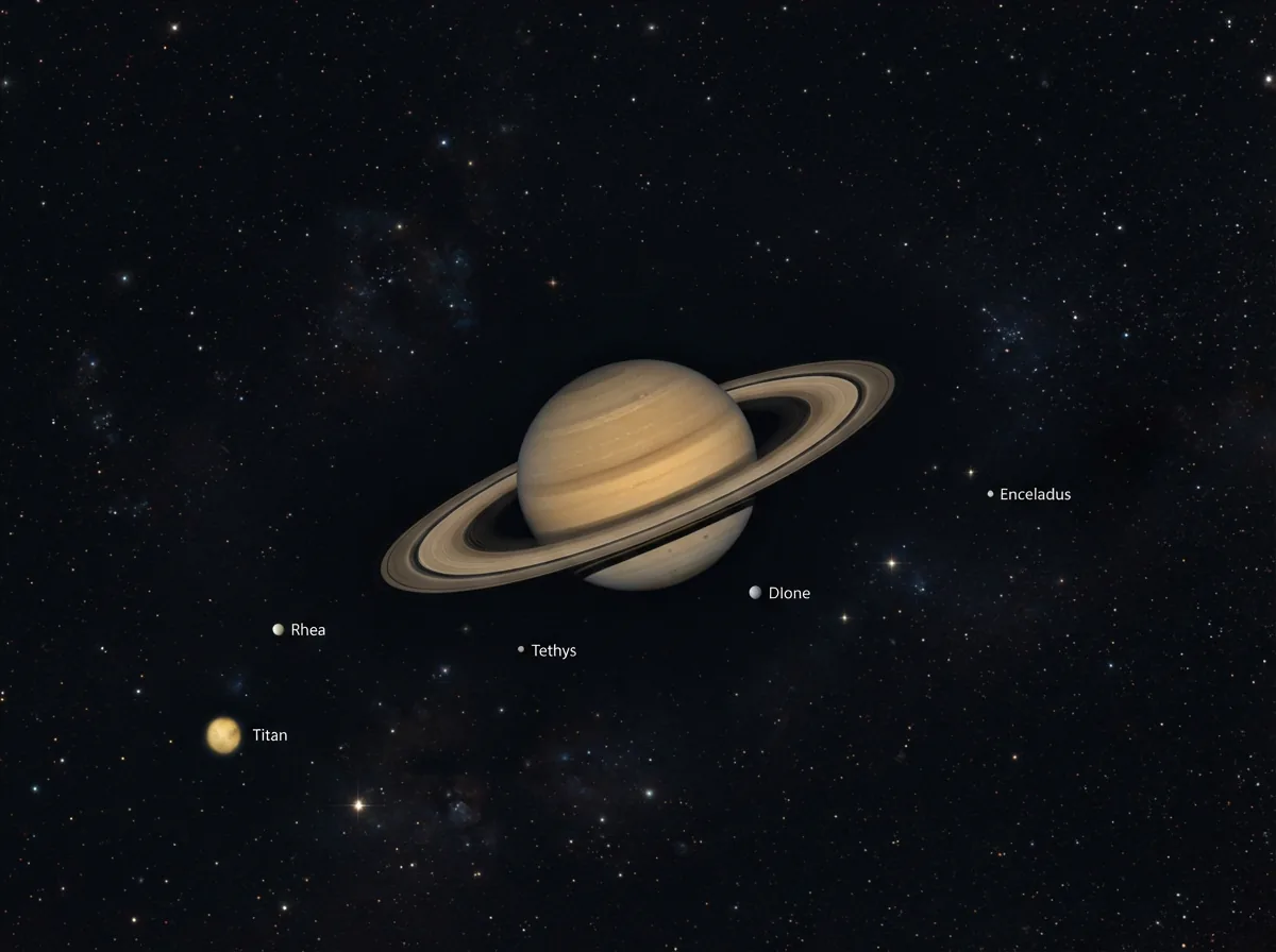 A detailed view of Saturn's rings as seen through a telescope eyepiece.