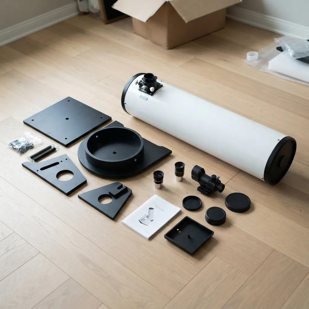 The telescope components laid out after unboxing.