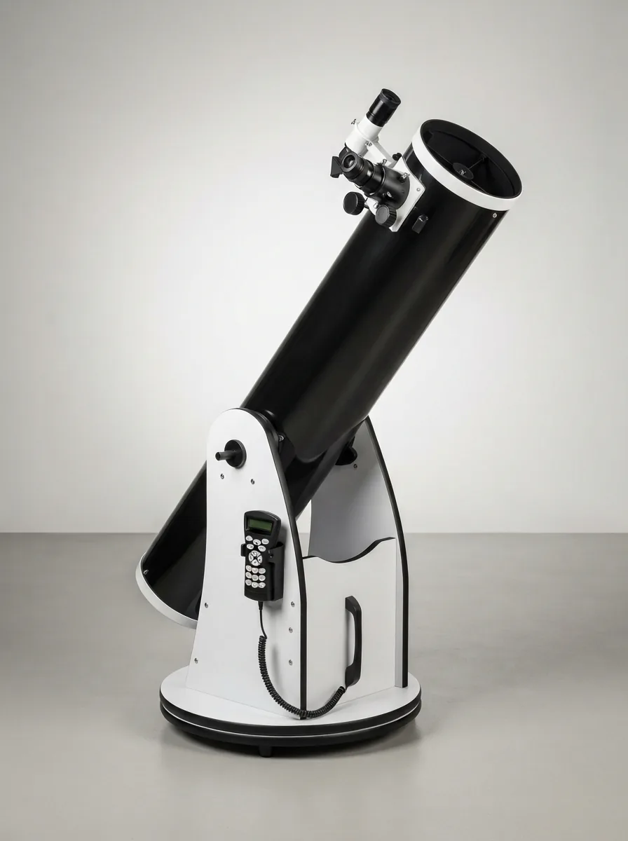 The complete Orion SkyQuest XT10 IntelliScope Dobsonian Telescope standing upright on its base.