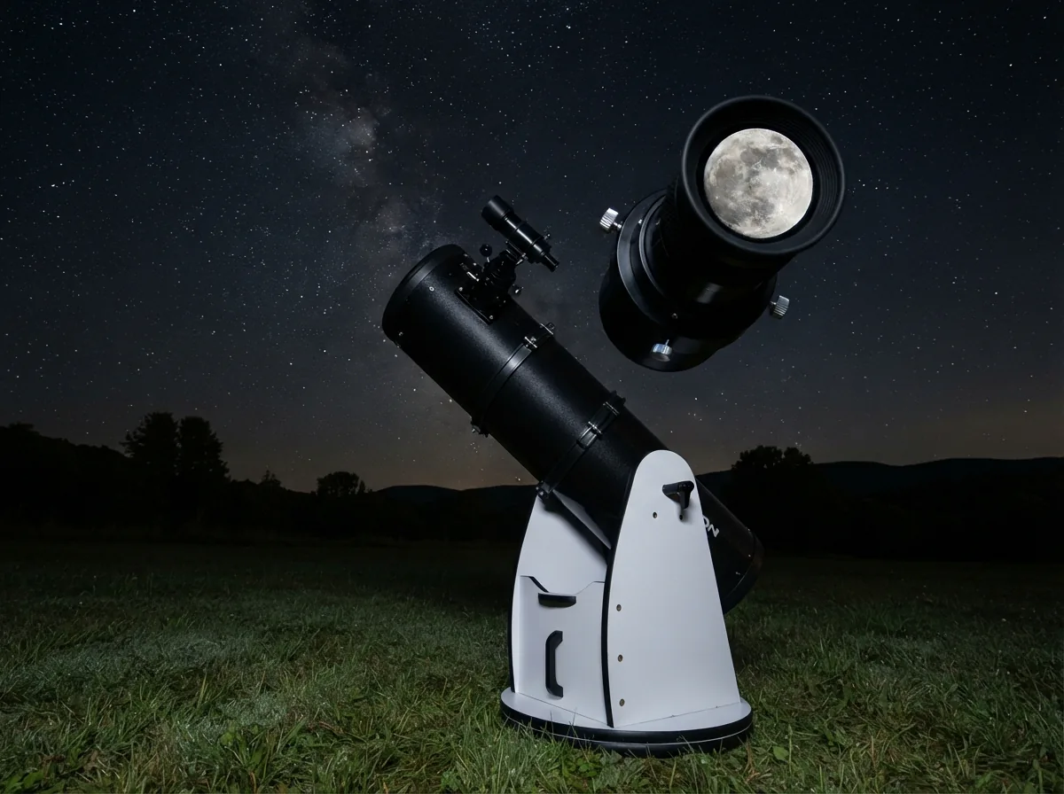 Orion SkyQuest XT8 Dobsonian telescope pointed at a starry night sky, showing the moon's craters in vivid detail.