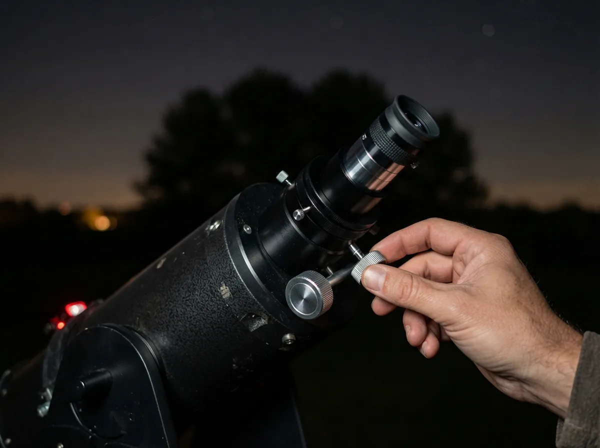 A close-up of the XT6's 2-inch Crayford focuser with an eyepiece inserted, ready for viewing.