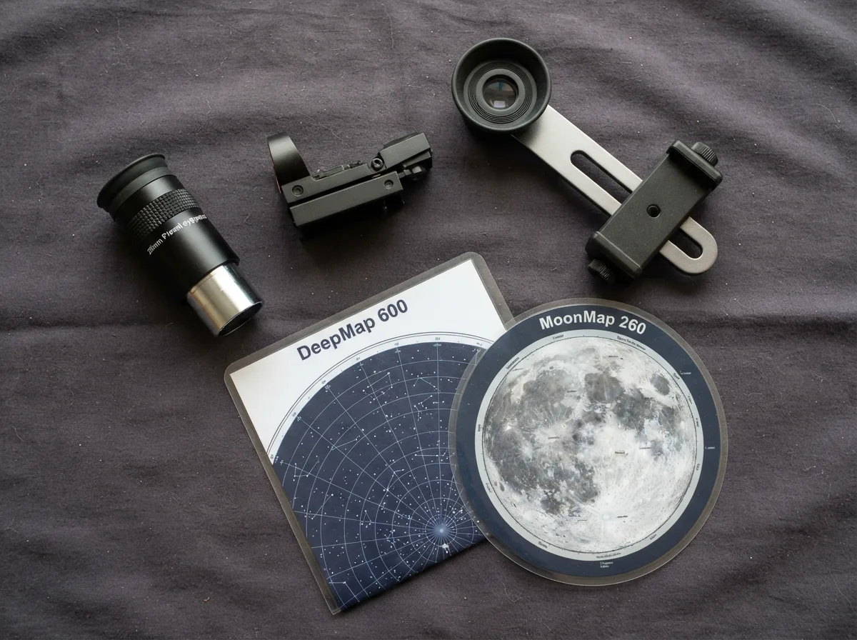 The included accessories: eyepiece, star charts, moon map, and smartphone adapter.
