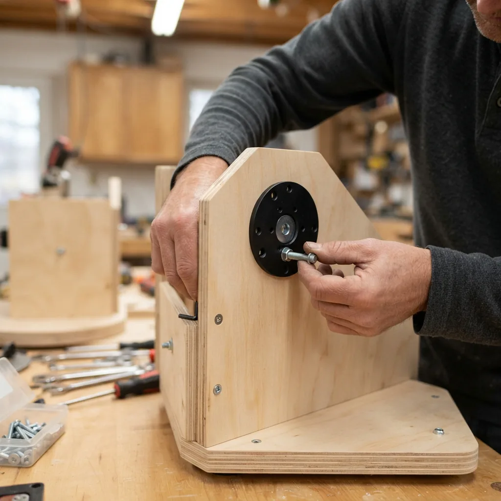 The Orion XT6 Dobsonian base being assembled with the altitude bearing secured.