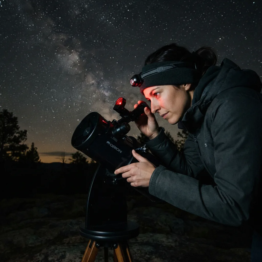 A person looking through the finder scope to aim the Orion StarBlast telescope at the sky.