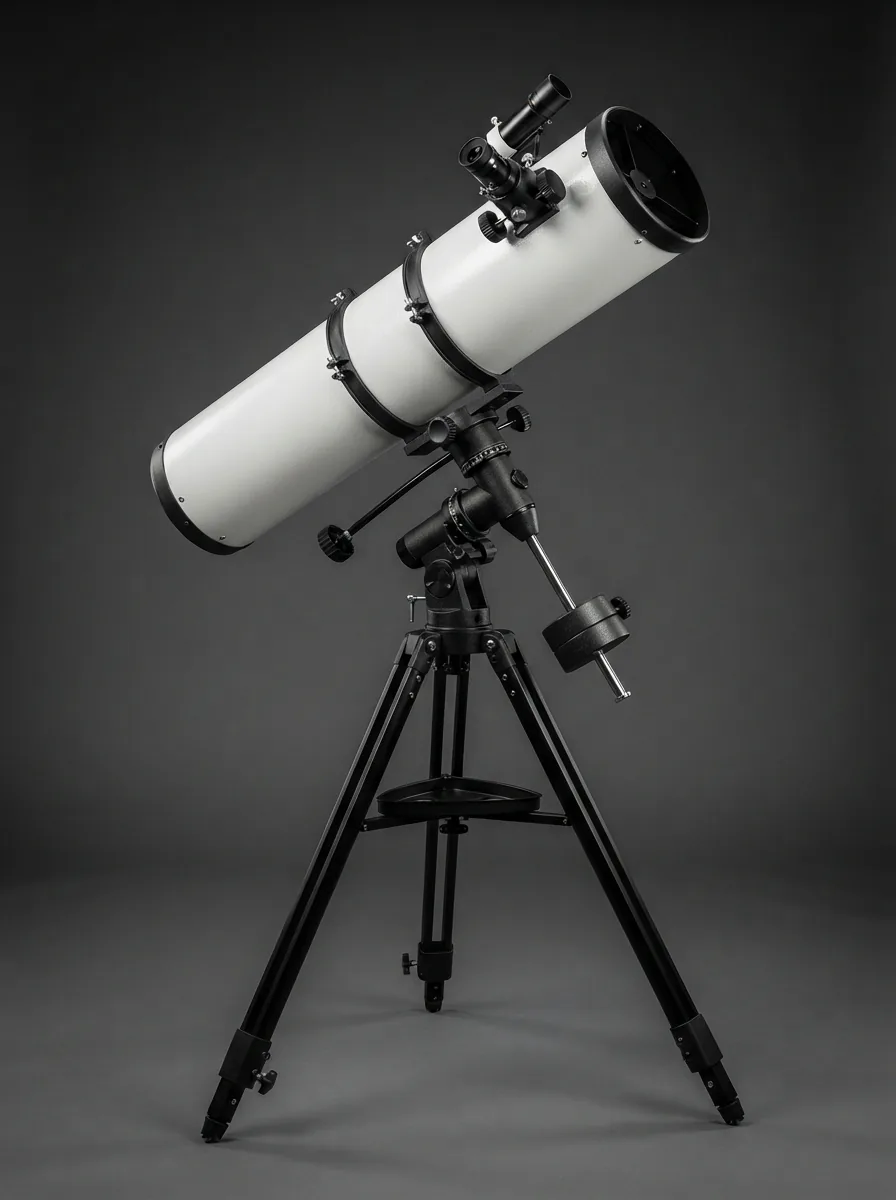 The Orion StarBlast II 4.5 Equatorial Reflector Telescope fully assembled on its mount, presented against a dark background.
