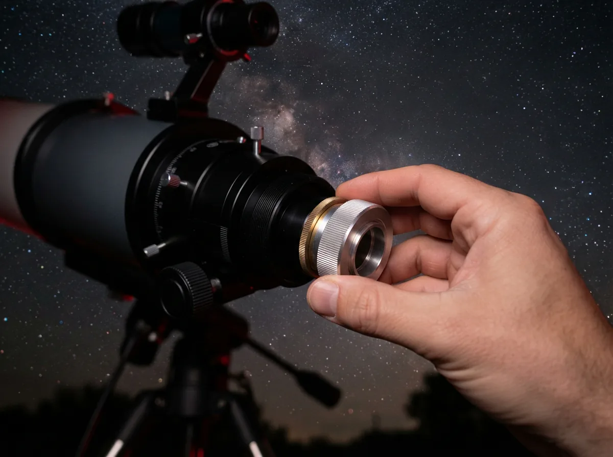 A telescope focuser with an adapter being attached to its eyepiece holder.