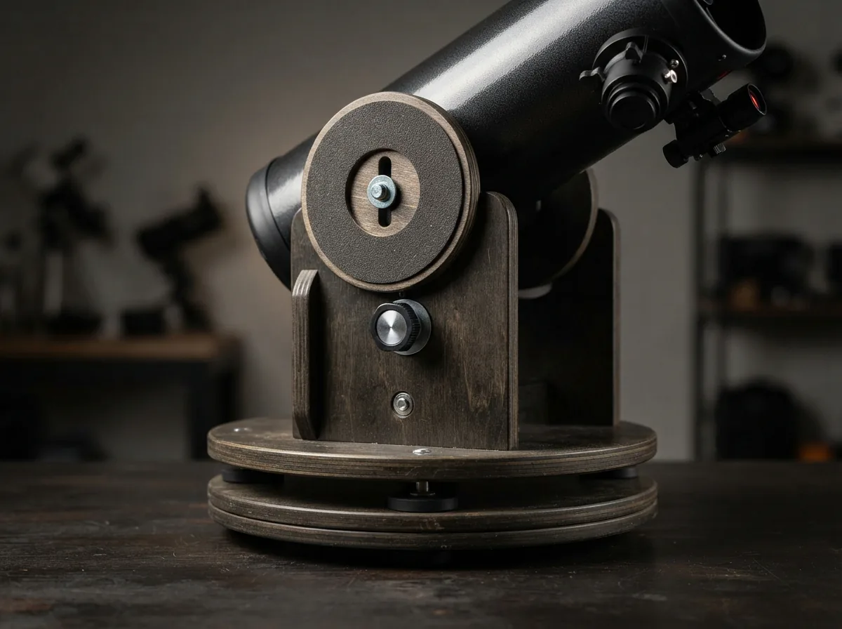 Close-up of the Orion StarBlast telescope's smooth-turning Dobsonian base.