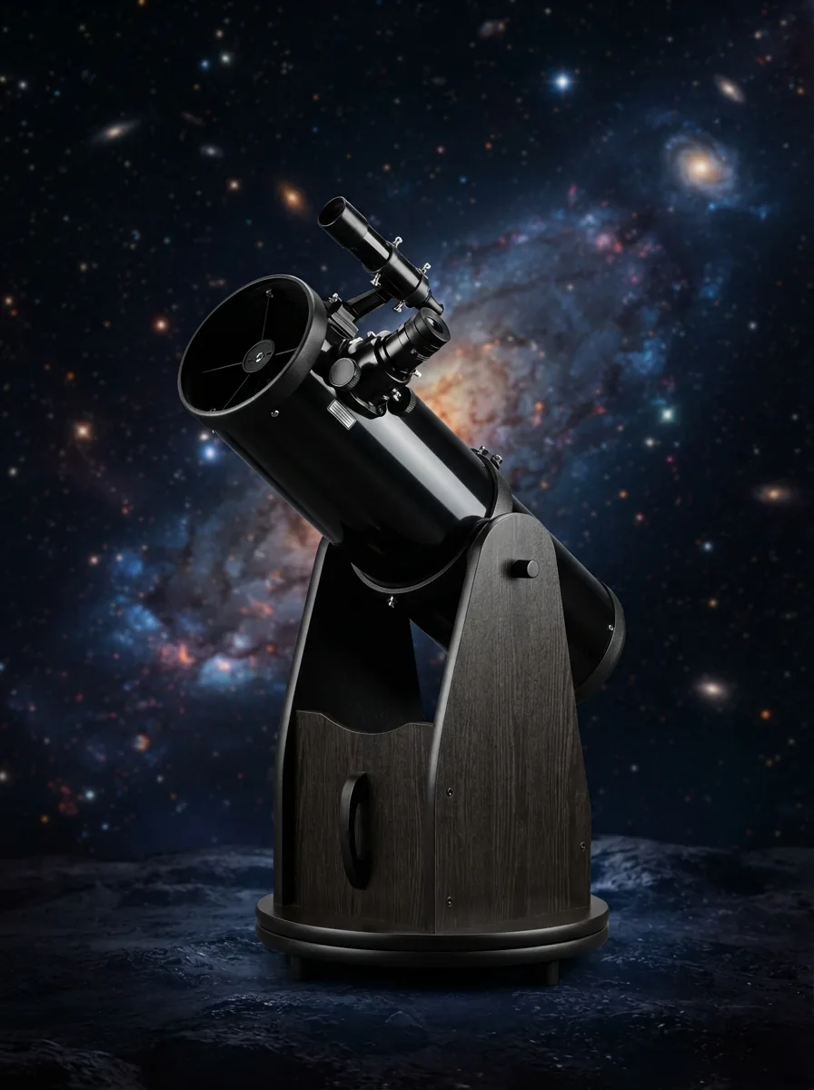 The Orion StarBlast 4.5" Reflector Telescope displayed prominently against a starry night sky background.
