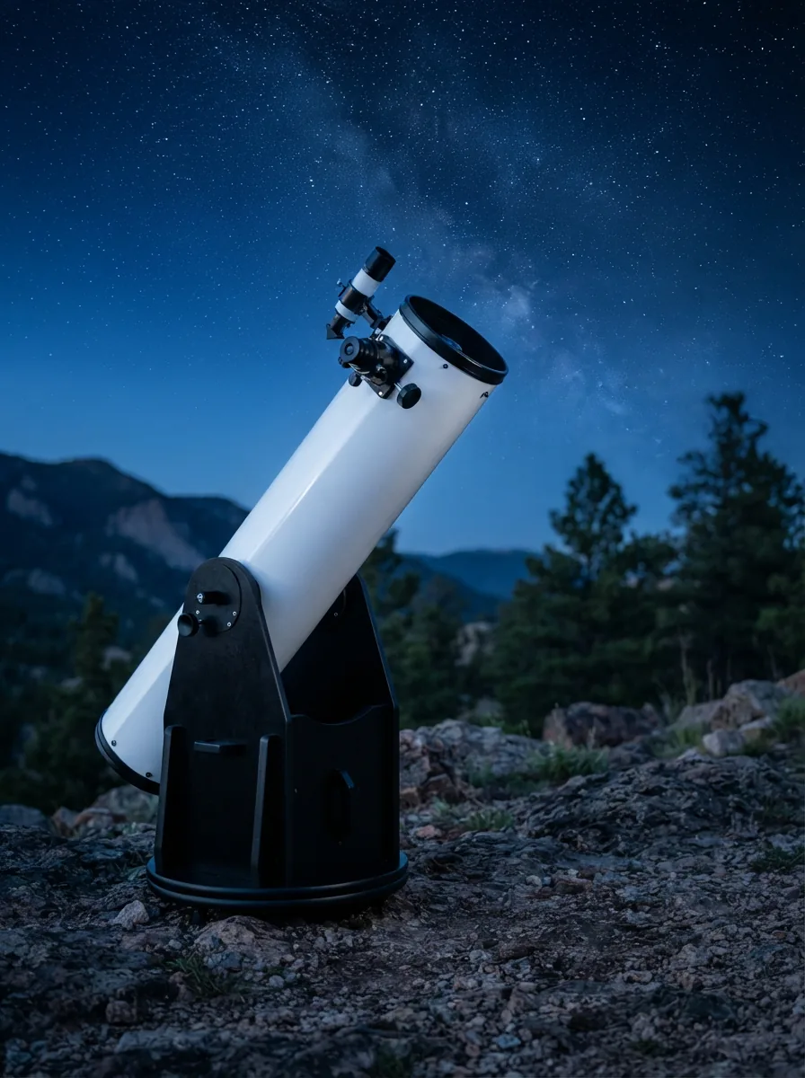 The Orion SkyQuest XT6 Classic Dobsonian Telescope fully assembled and positioned against a twilight sky.