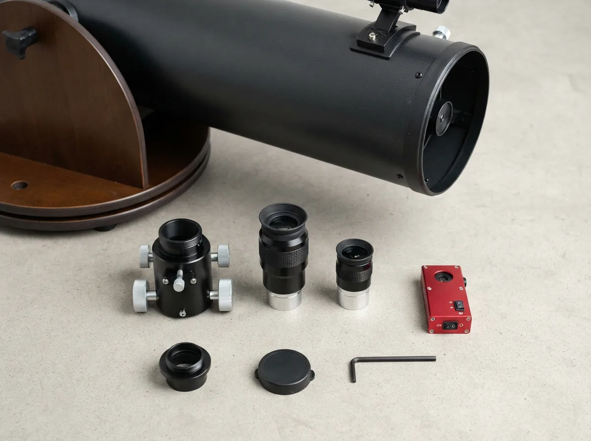 The included accessories for the Orion SkyQuest XT10 telescope laid out beside the telescope base, including eyepieces and a collimation tool.