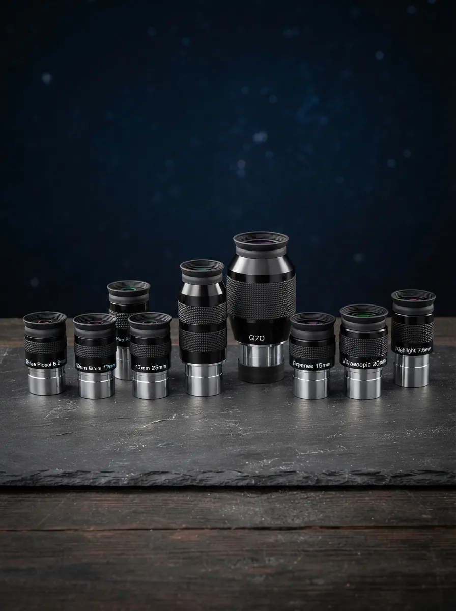 An assortment of Orion telescope eyepieces of various sizes and designs arranged on a dark surface against a starry background.