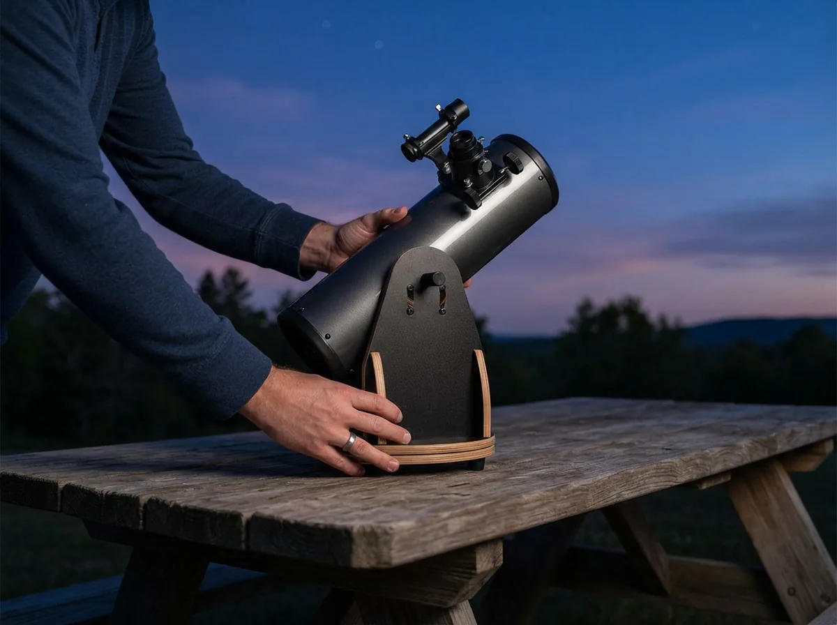 Hands placing the lightweight Orion StarBlast telescope onto a portable table.