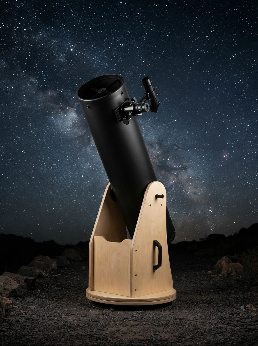 Orion SkyQuest XT8 Classic Dobsonian Telescope displayed prominently against a starry background.