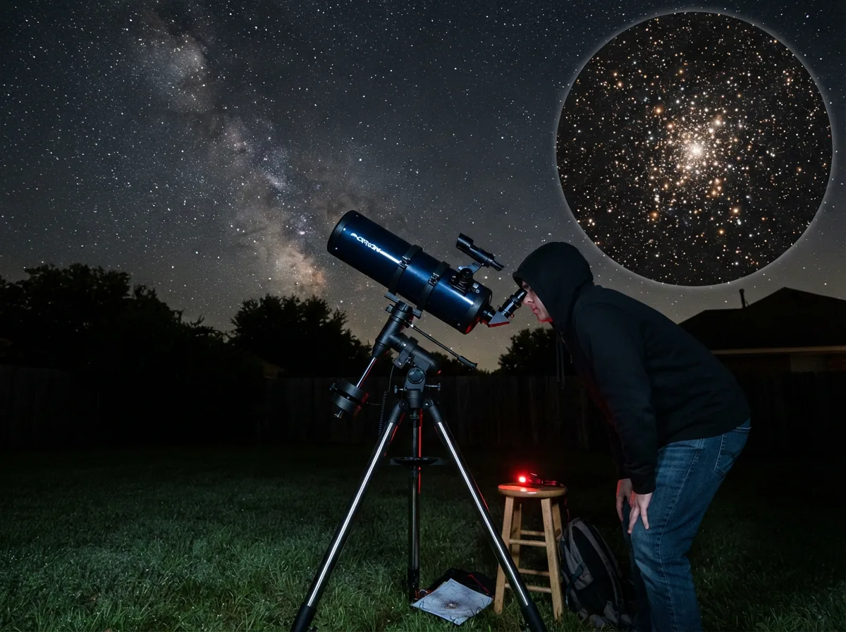 A star-filled night sky viewed through the Orion StarBlast II 4.5 EQ Telescope, showing a bright star cluster.