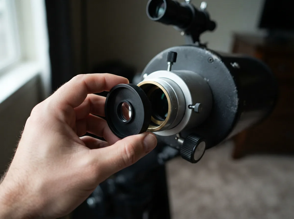 Hand using the collimation cap on the Orion XT8 telescope focuser.