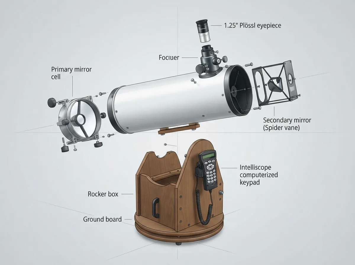Exploded-view diagram showing the key components of the Orion SkyQuest XT8i telescope.