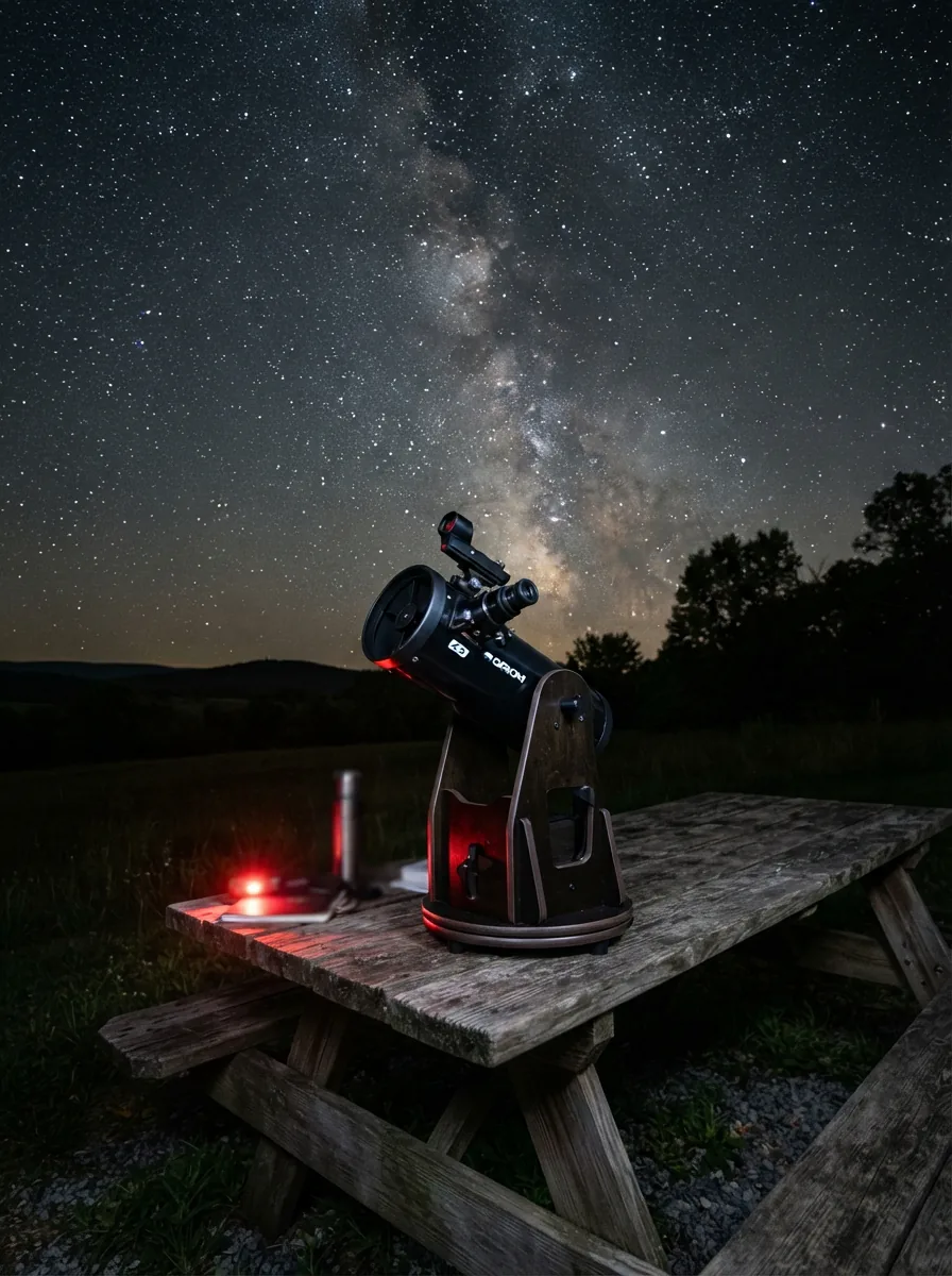 An Orion StarBlast telescope set up on a table under a starry night sky