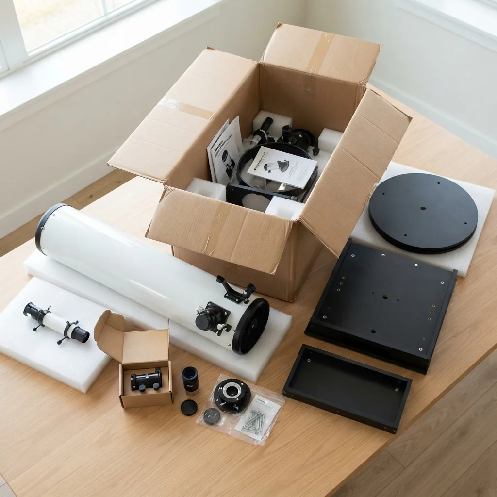 A person carefully unboxing the Orion XT6 telescope components on a clean table.