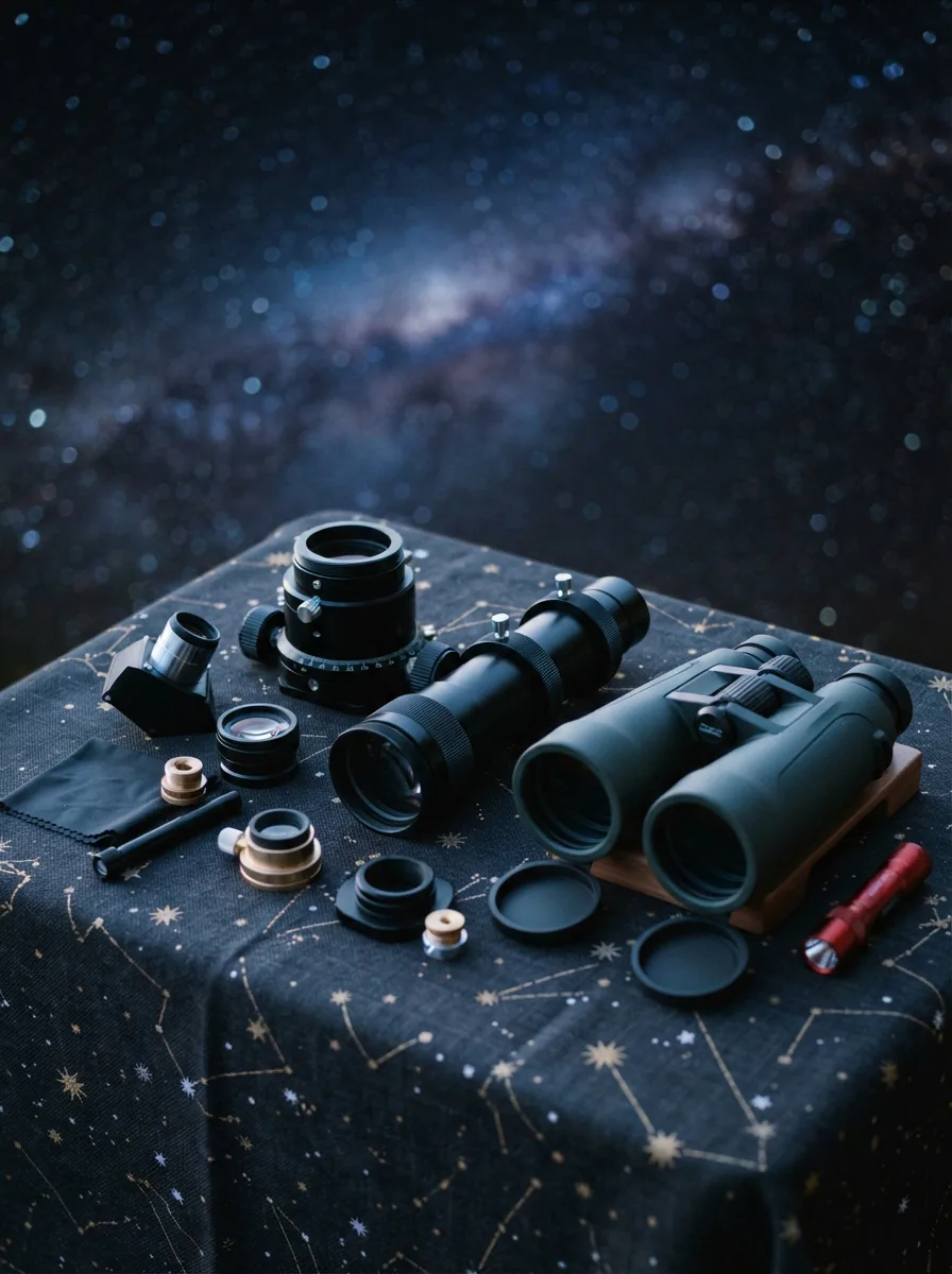 A collection of telescope accessories including focusers, adapters, and binoculars arranged on a dark surface under a starry sky.