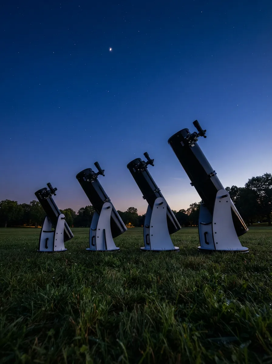 A line of Orion Dobsonian telescopes of various sizes set up outdoors under a twilight sky.