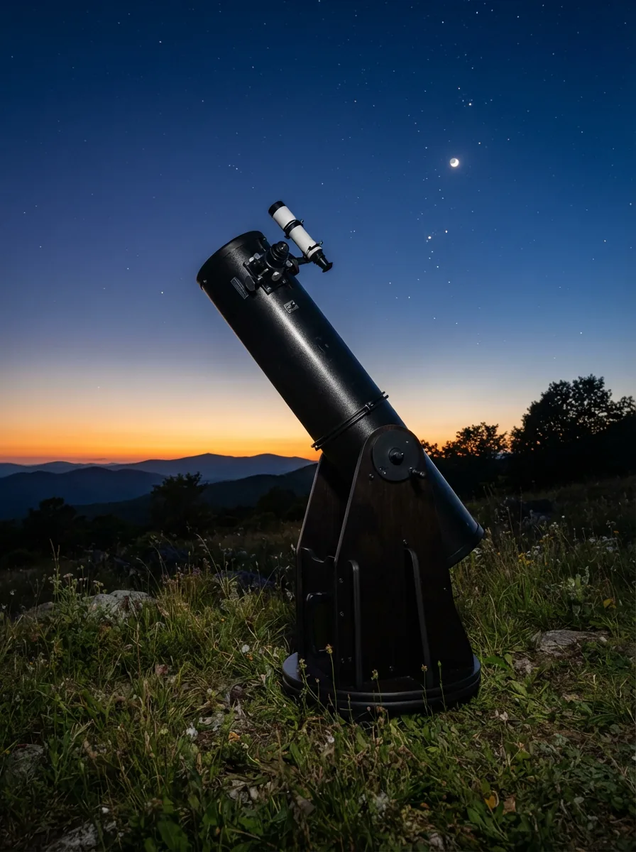 The Orion SkyQuest XT8i telescope set up for observation under a twilight sky.