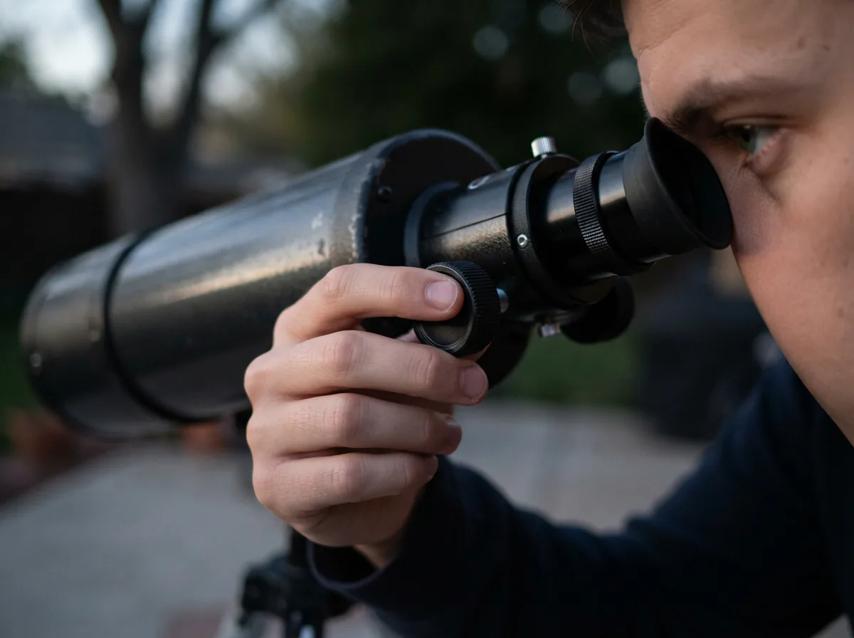 A hand adjusting the telescope's focus knob while looking through the eyepiece.